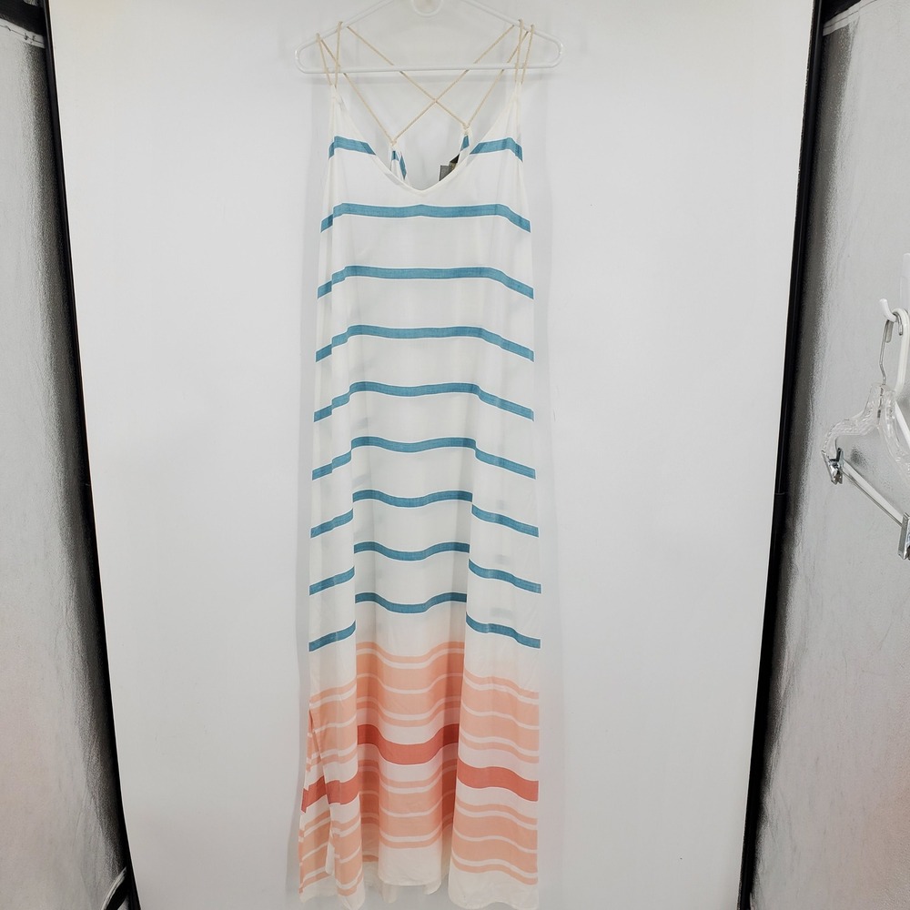 Natural Reflections XL Striped Maxi Dress Blue Coral Strappy Boho Beach Vacation